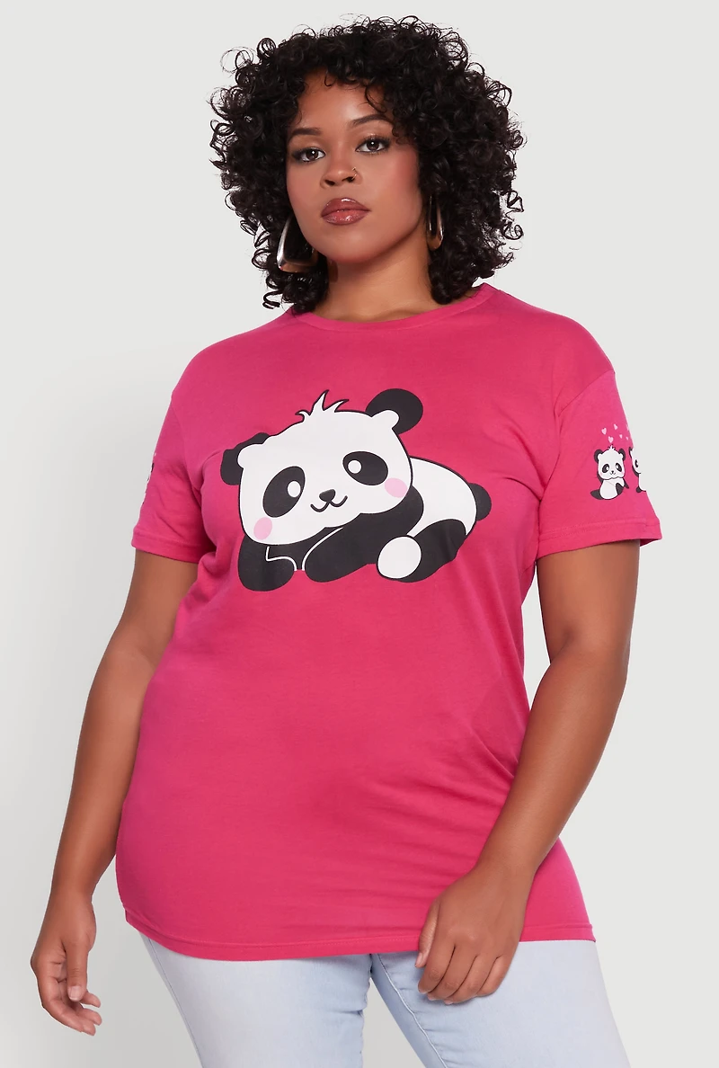 Womens Plus Panda Graphic Print Crew Neck Short Sleeve Tee, Pink,
