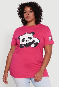 Womens Plus Panda Graphic Print Crew Neck Short Sleeve Tee, Pink,