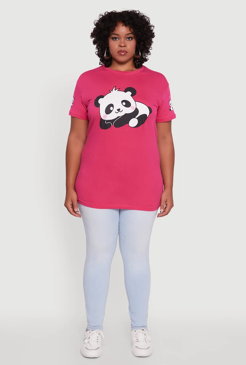 Womens Plus Panda Graphic Print Crew Neck Short Sleeve Tee, Pink,