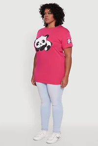 Womens Plus Panda Graphic Print Crew Neck Short Sleeve Tee, Pink,
