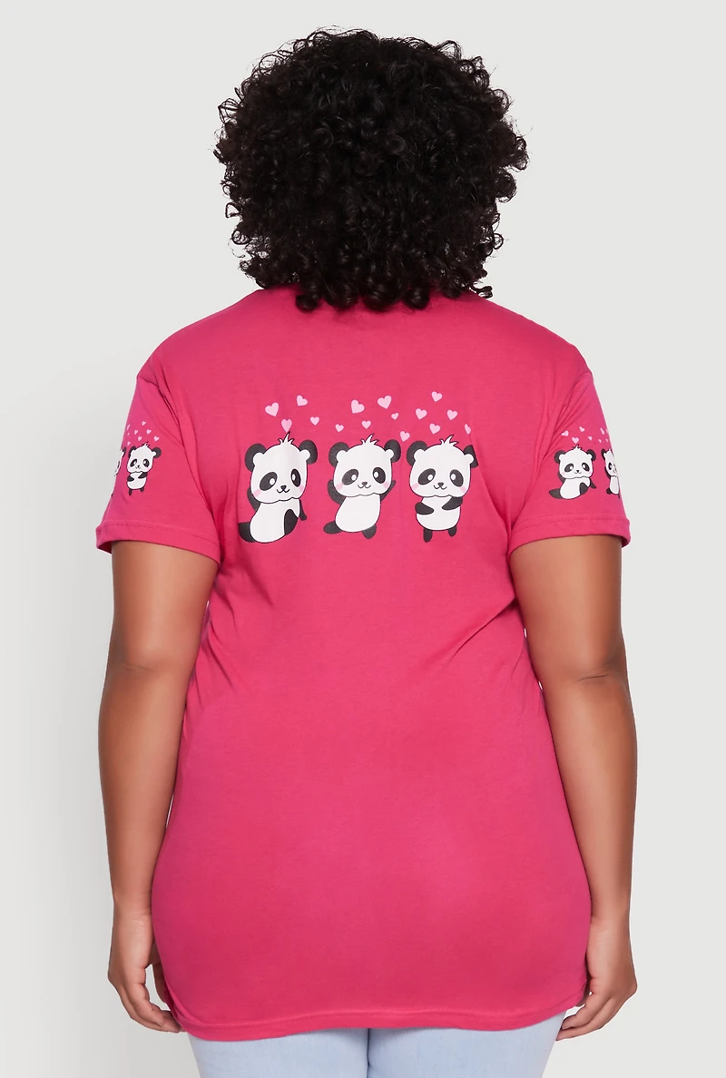 Womens Plus Panda Graphic Print Crew Neck Short Sleeve Tee, Pink,