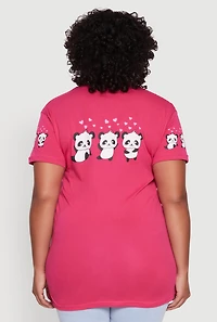 Womens Plus Panda Graphic Print Crew Neck Short Sleeve Tee, Pink,