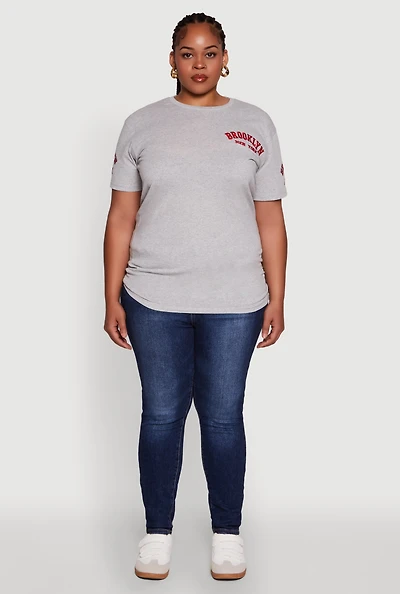 Womens Plus Size Brooklyn New York Crew Neck Short Sleeve Top, Grey, Size 1X