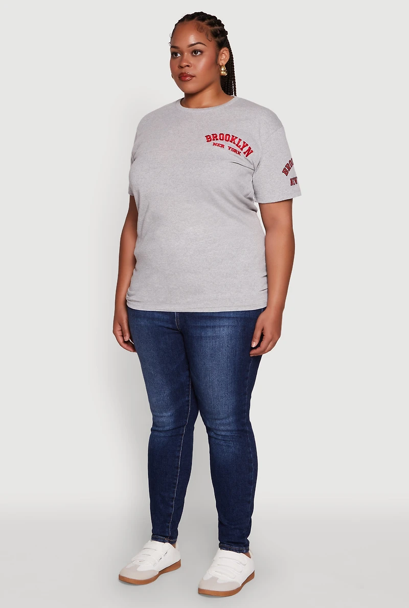 Womens Plus Size Brooklyn New York Crew Neck Short Sleeve Top, Grey, Size 1X