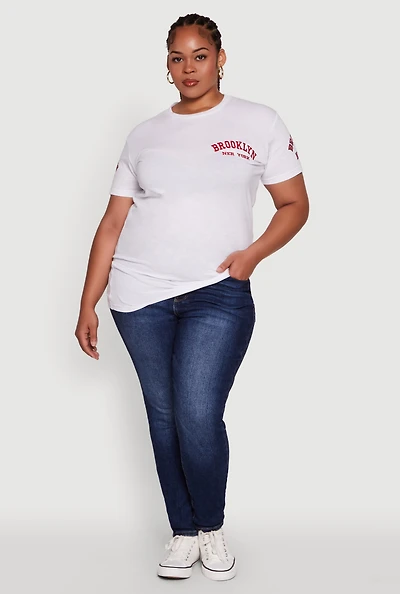 Womens Plus Brooklyn New York Crew Neck Short Sleeve Top, White,