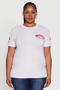 Womens Plus Brooklyn New York Crew Neck Short Sleeve Top, White,