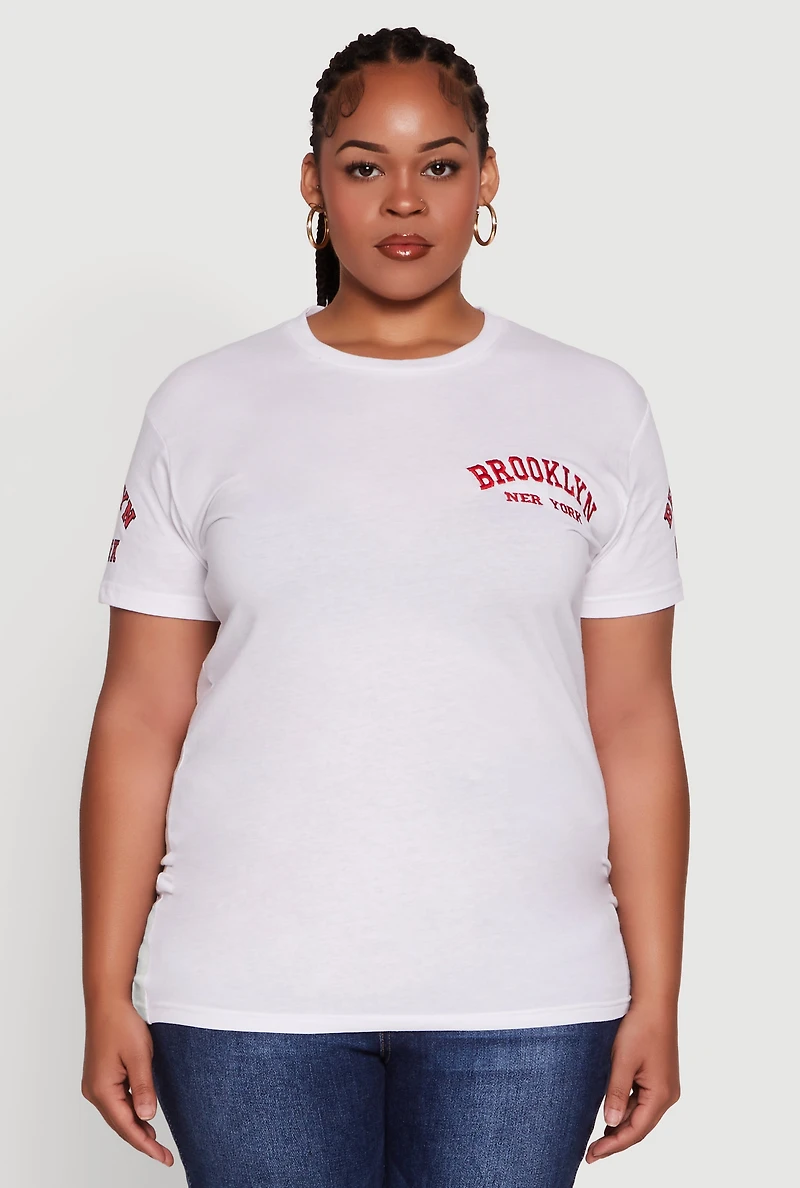 Womens Plus Brooklyn New York Crew Neck Short Sleeve Top, White,