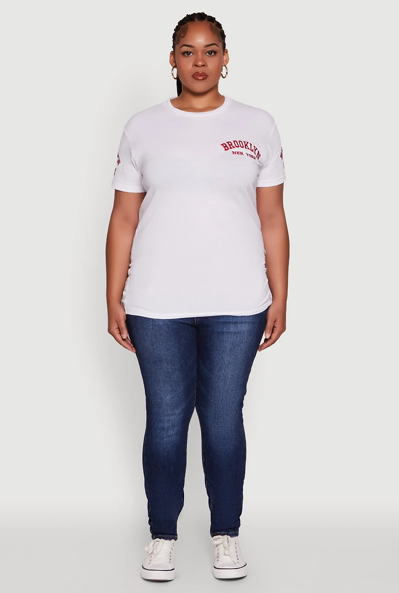 Womens Plus Brooklyn New York Crew Neck Short Sleeve Top, White,