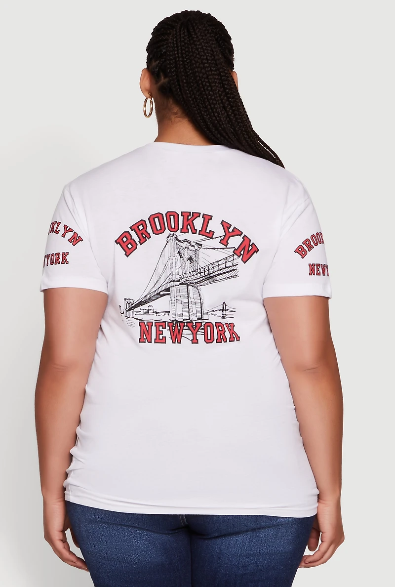 Womens Plus Brooklyn New York Crew Neck Short Sleeve Top, White,