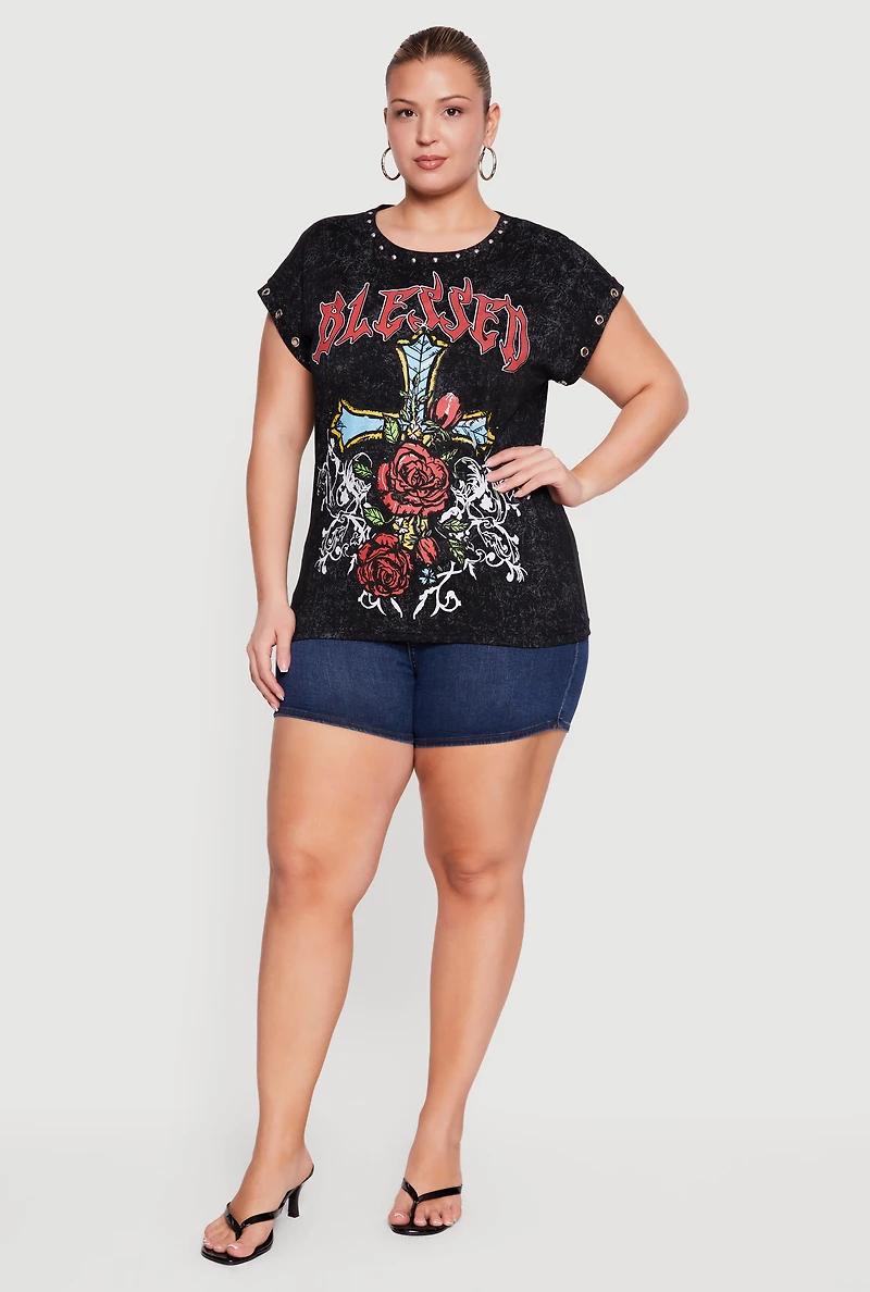 Plus Acid Wash Blessed Graphic Grommet Sleeve Tee