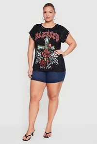 Plus Acid Wash Blessed Graphic Grommet Sleeve Tee