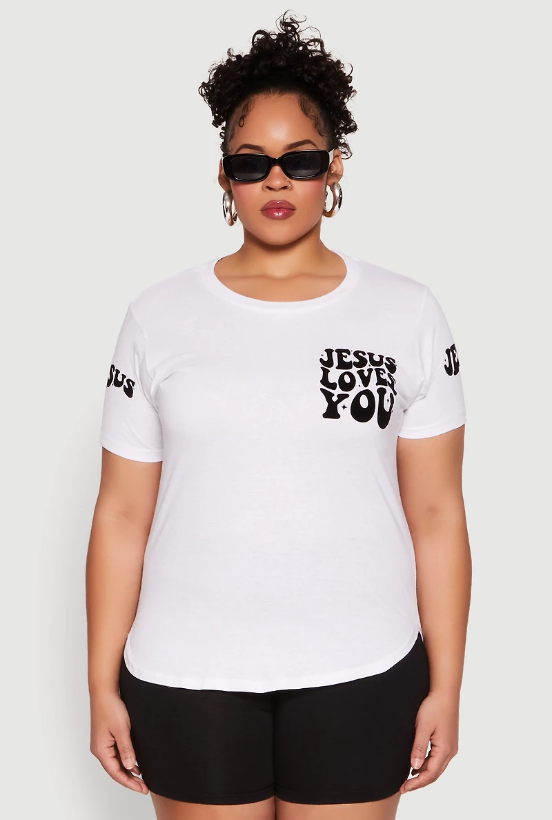 Womens Plus Size Jesus Loves You T Shirt, White, Size 1X