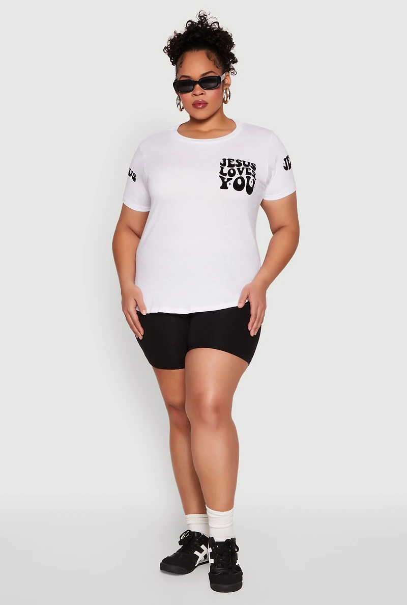 Womens Plus Size Jesus Loves You T Shirt, White, Size 1X