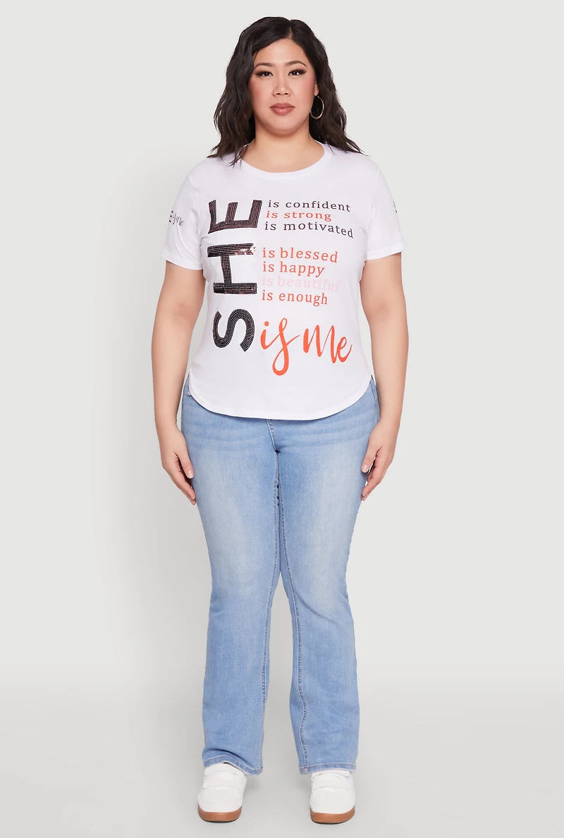 Womens Plus Size Sequin She Is Me Graphic Tee, White, Size 2X