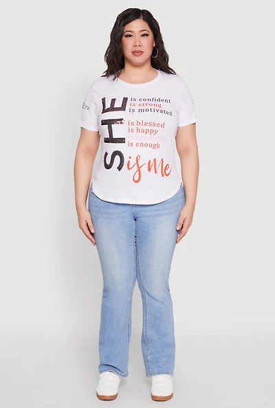 Womens Plus Size Sequin She Is Me Graphic Tee, White, Size 2X