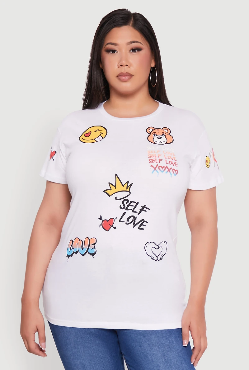 Womens Plus Size Self Love Graphic Tee, White, Size 1X