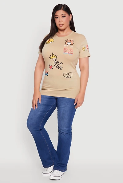 Womens Plus Size Self Love Graphic Tee, Beige, Size 2X