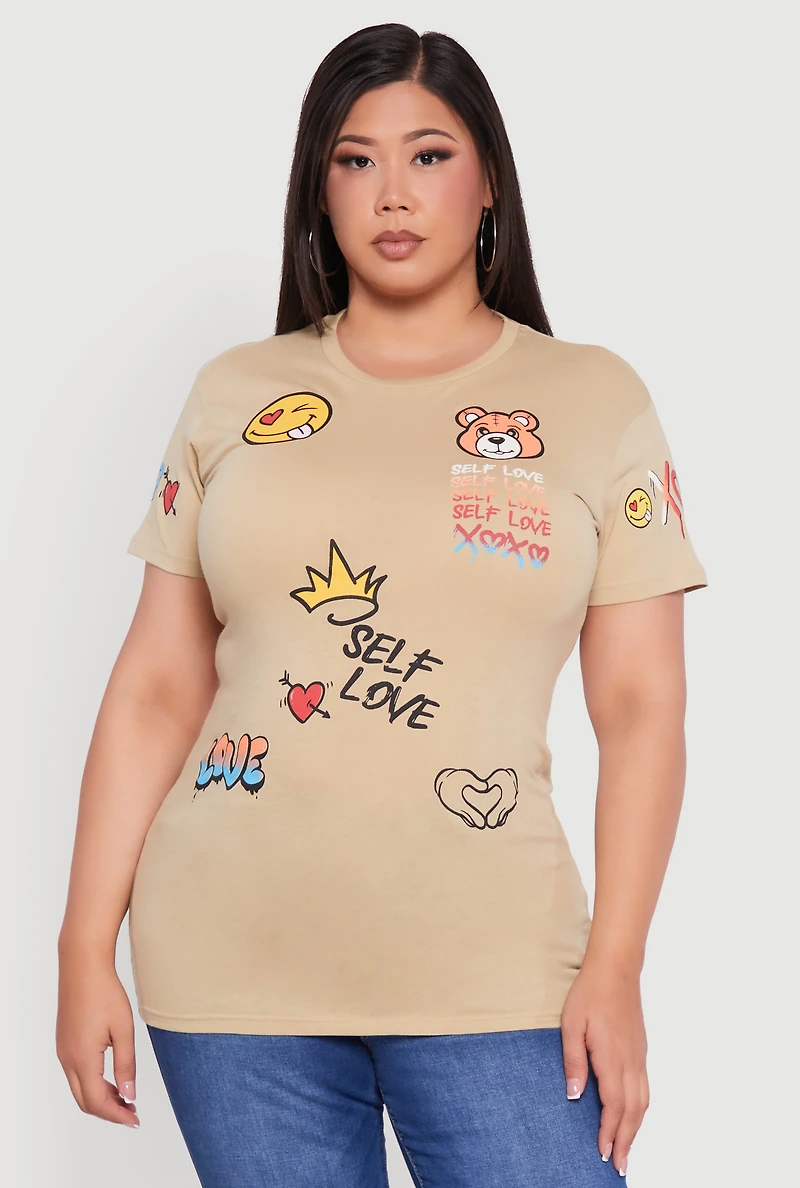 Womens Plus Self Love Graphic Tee, Beige,