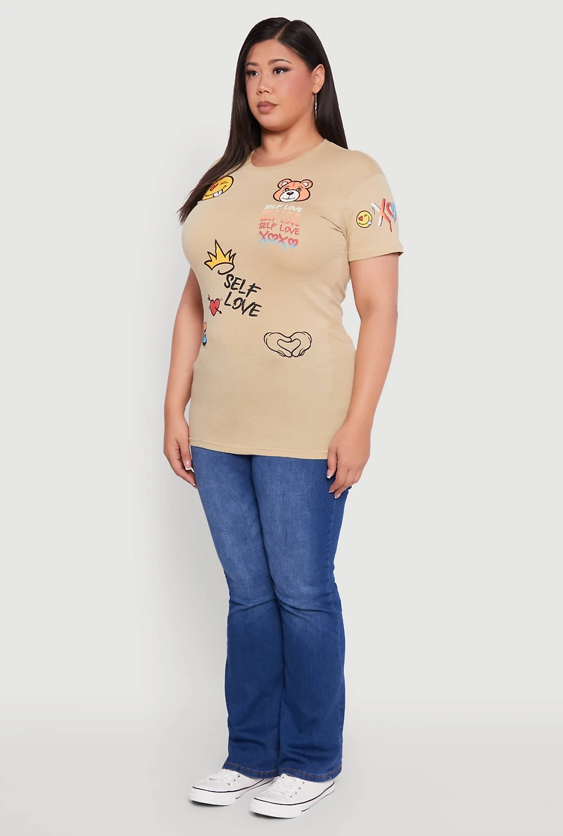 Womens Plus Self Love Graphic Tee, Beige,