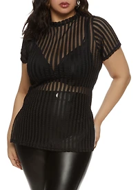 Plus Striped Mesh Detail High Low Hem Top