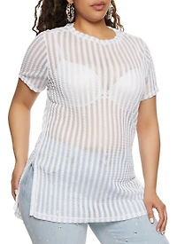 Plus Striped Mesh Detail High Low Hem Top