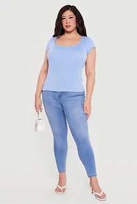 Plus Rib Knit Cap Sleeve Square Neck Top