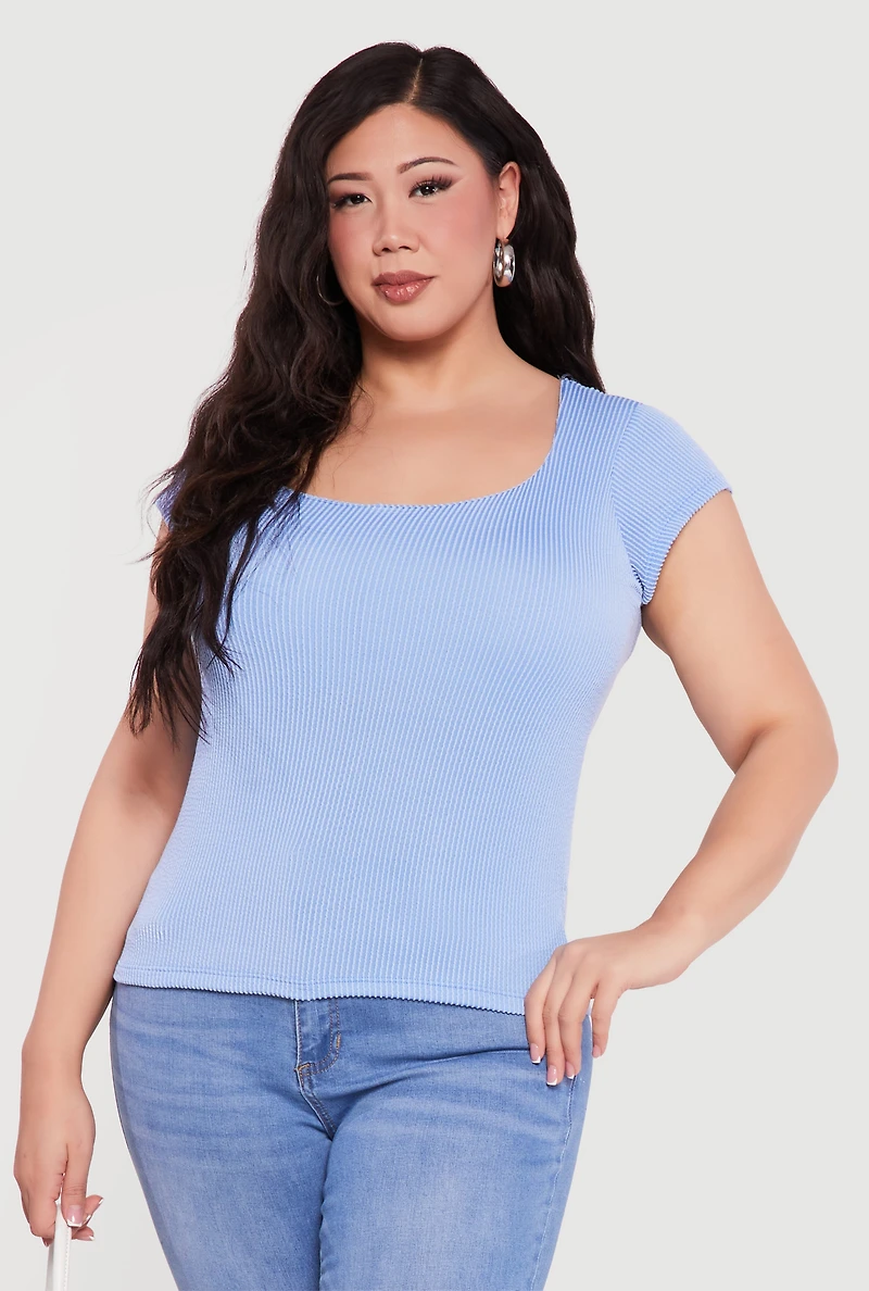 Plus Rib Knit Cap Sleeve Square Neck Top