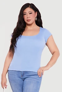 Plus Rib Knit Cap Sleeve Square Neck Top