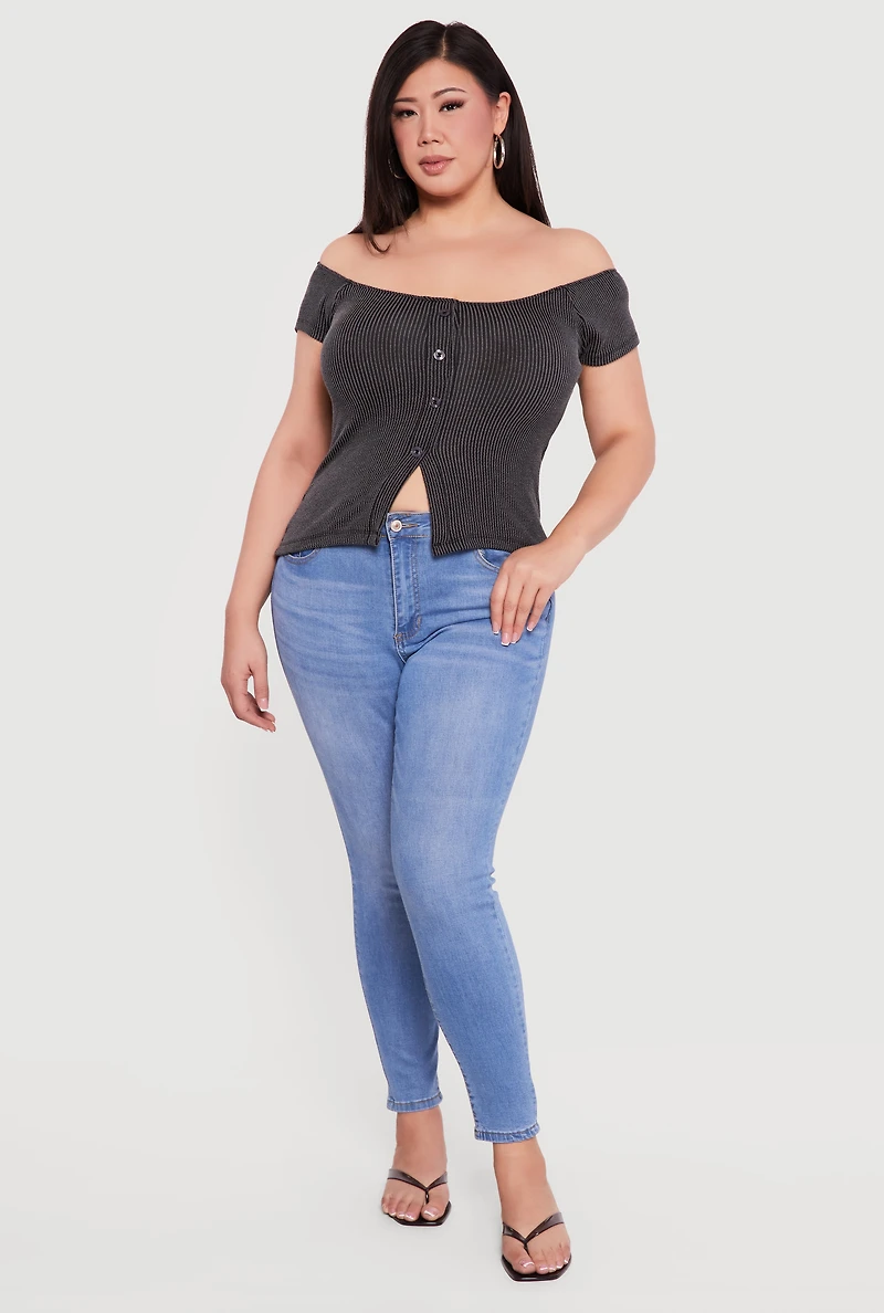 Plus Rib Knit Off The Shoulder Slit Front Top