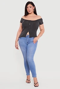 Plus Rib Knit Off The Shoulder Slit Front Top