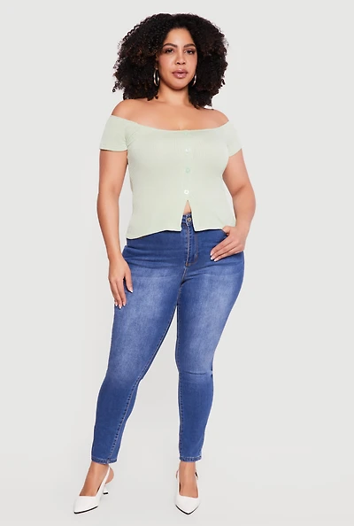 Plus Rib Knit Off The Shoulder Slit Front Top