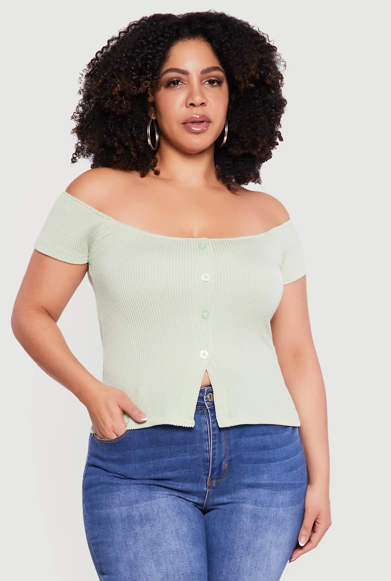 Plus Rib Knit Off The Shoulder Slit Front Top