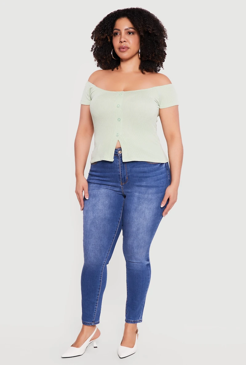 Plus Rib Knit Off The Shoulder Slit Front Top