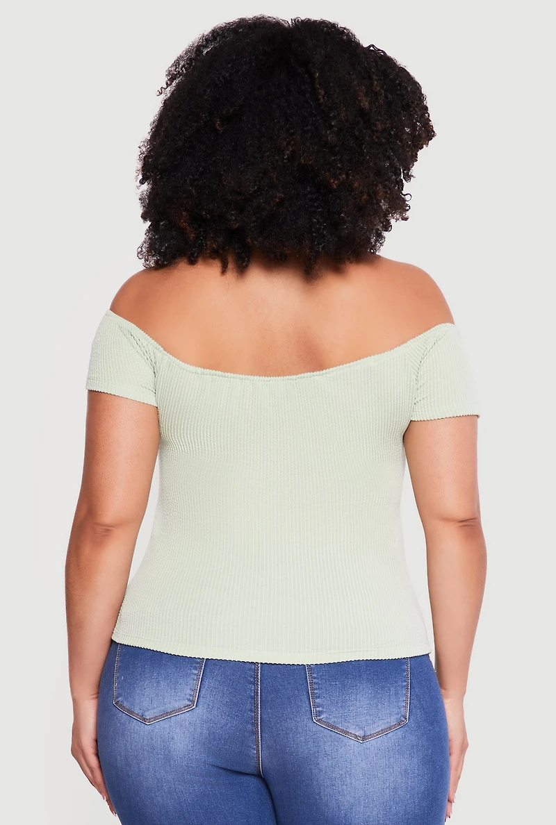 Plus Rib Knit Off The Shoulder Slit Front Top
