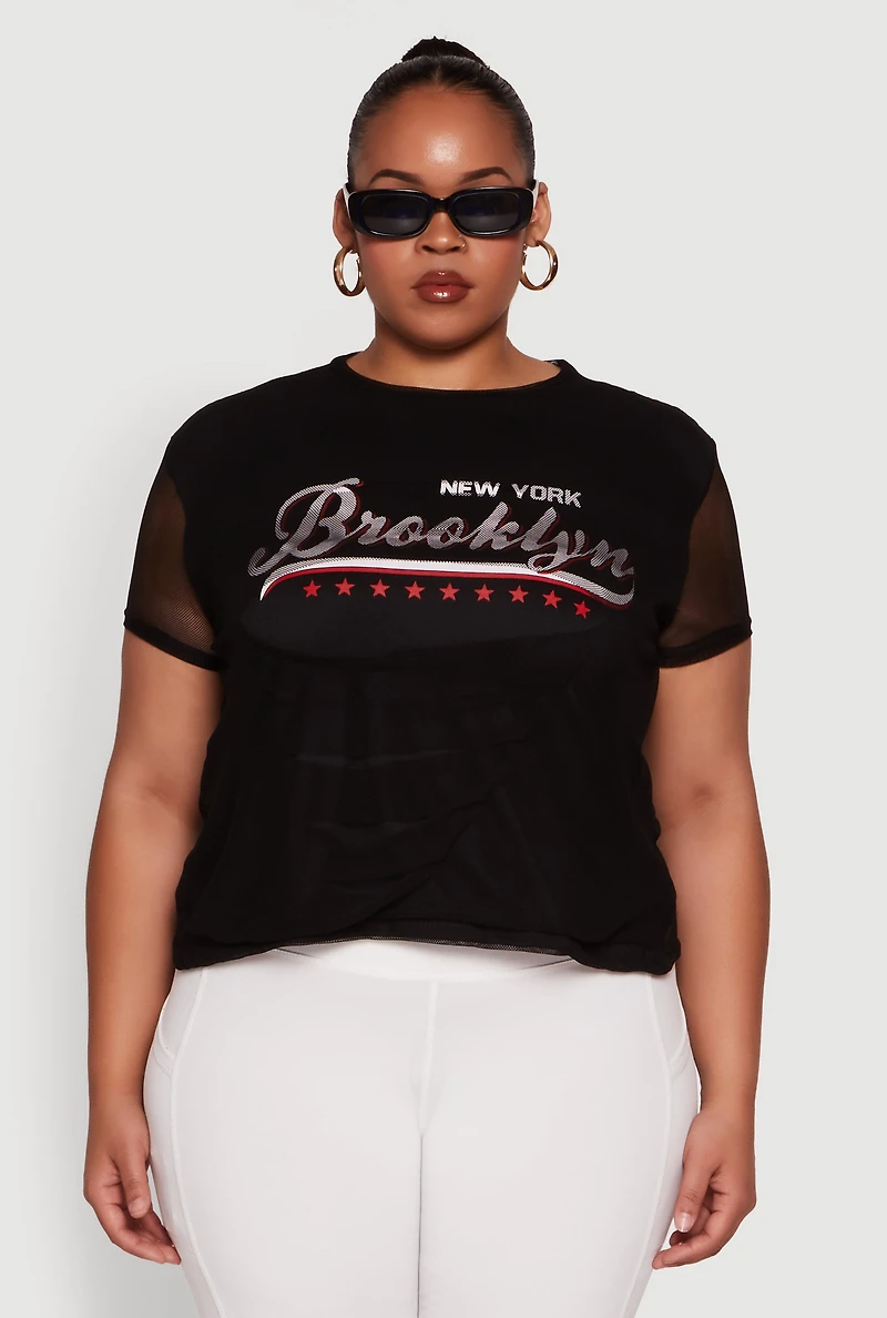 Womens Plus Size New York Brooklyn Graphic Top, Black, Size 2X