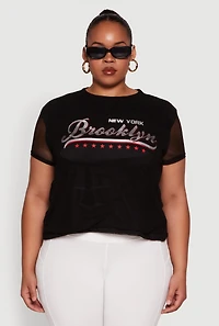 Womens Plus Size New York Brooklyn Graphic Top, Black, Size 2X