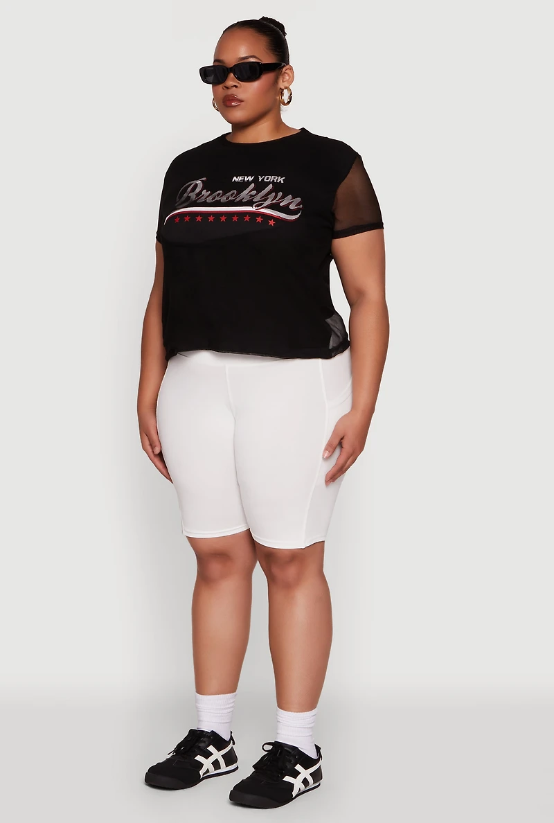 Womens Plus Size New York Brooklyn Graphic Top, Black, Size 2X