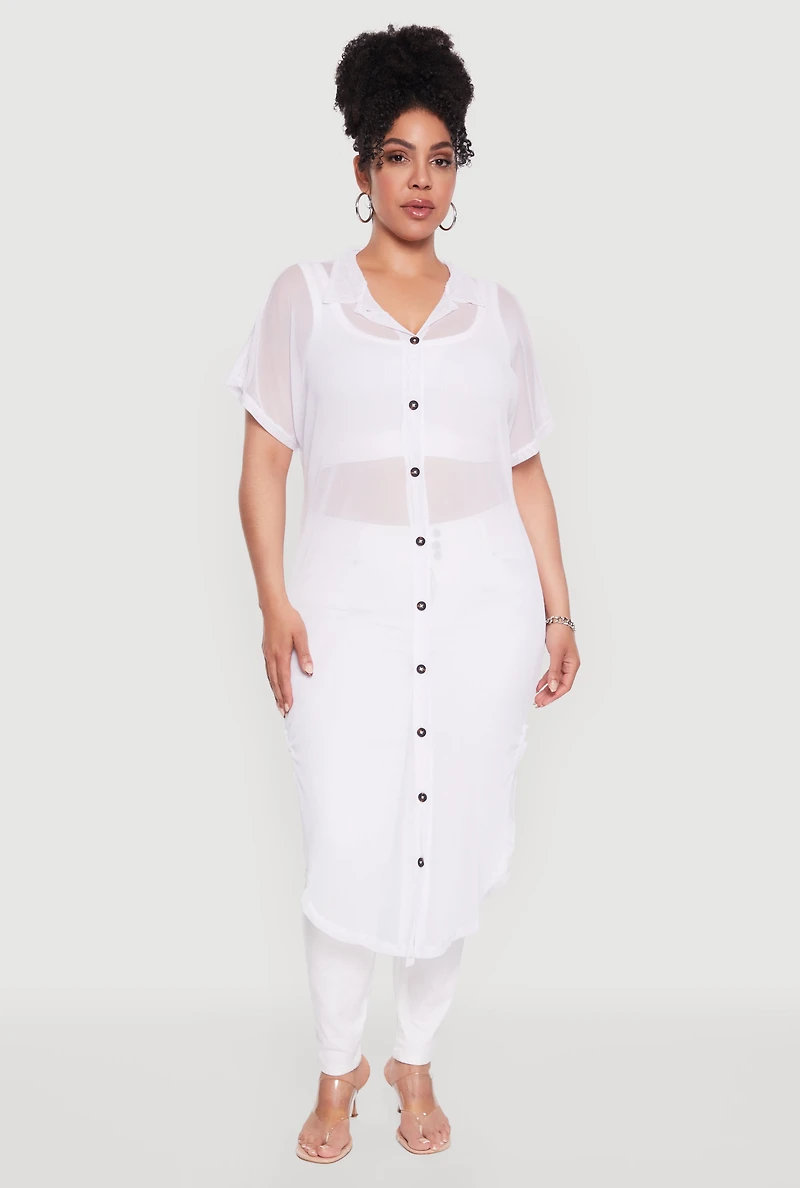 Womens Plus Size Stylish Chic Sheer Maxi Shirt, White, Size 2X