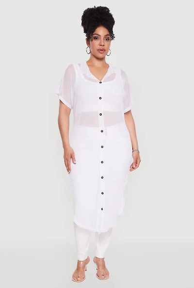 Womens Plus Size Stylish Chic Sheer Maxi Shirt, White, Size 2X
