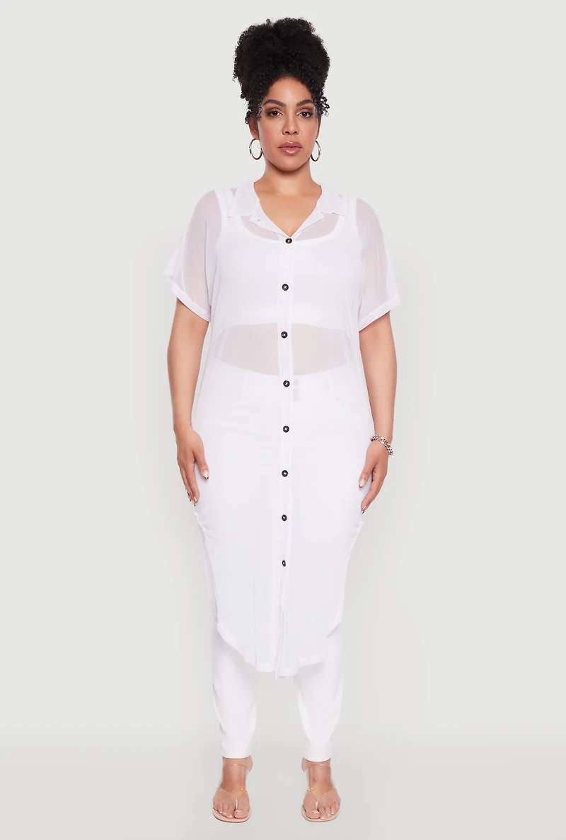 Womens Plus Size Stylish Chic Sheer Maxi Shirt, White, Size 2X