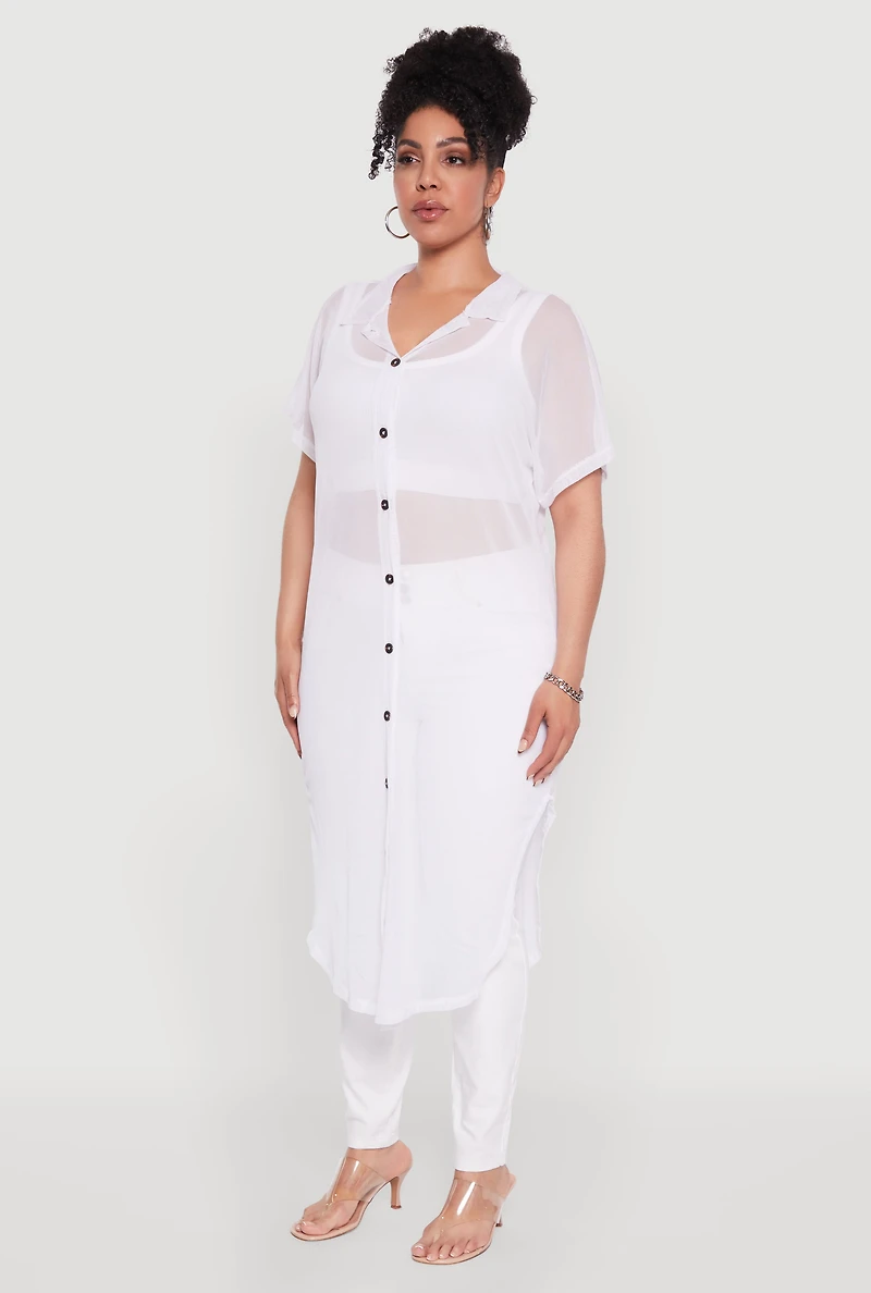 Womens Plus Size Stylish Chic Sheer Maxi Shirt, White, Size 2X