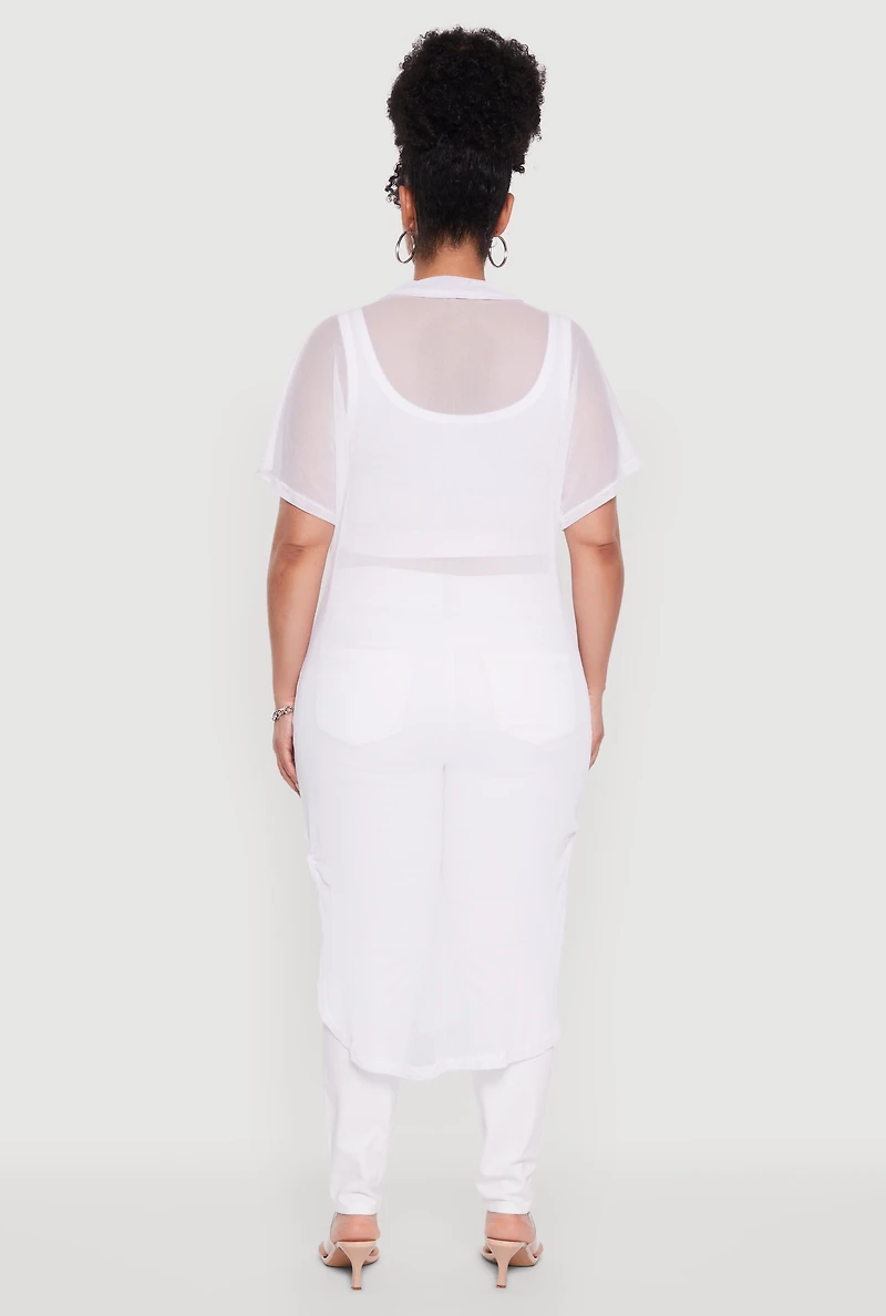 Womens Plus Size Stylish Chic Sheer Maxi Shirt, White, Size 2X