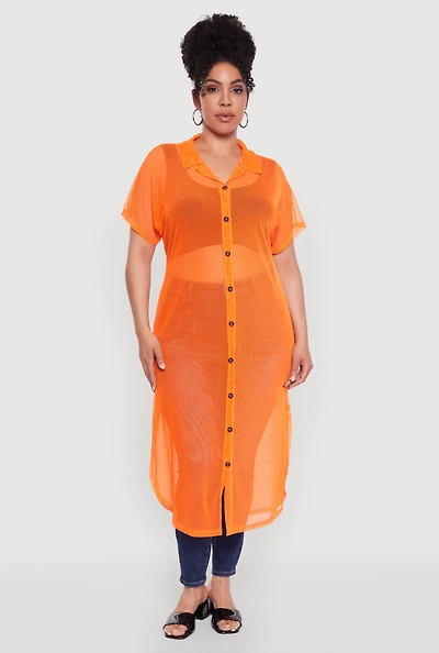 Womens Plus Size Stylish Chic Sheer Maxi Shirt, Orange, Size 2X