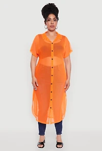 Womens Plus Size Stylish Chic Sheer Maxi Shirt, Orange, Size 3X