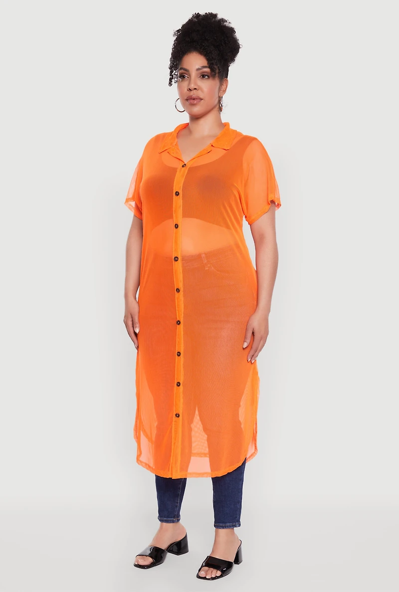 Womens Plus Size Stylish Chic Sheer Maxi Shirt, Orange, Size 3X