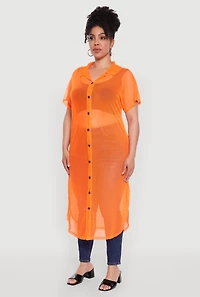 Womens Plus Size Stylish Chic Sheer Maxi Shirt, Orange, Size 3X