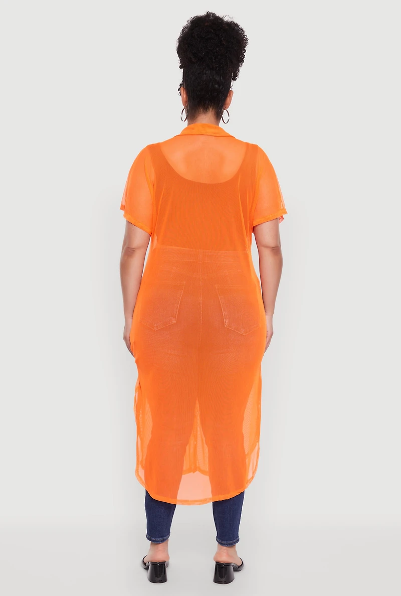 Womens Plus Size Stylish Chic Sheer Maxi Shirt, Orange, Size 3X