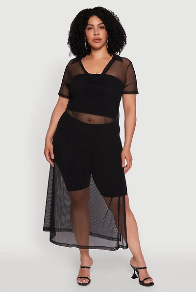 Womens Plus Size Side Slit Collared Mesh Maxi Top, Black, Size 2X