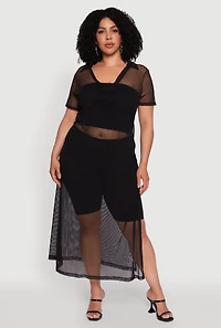Womens Plus Size Side Slit Collared Mesh Maxi Top, Black, Size 2X