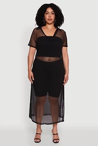 Plus Side Slit Collared Mesh Maxi Top